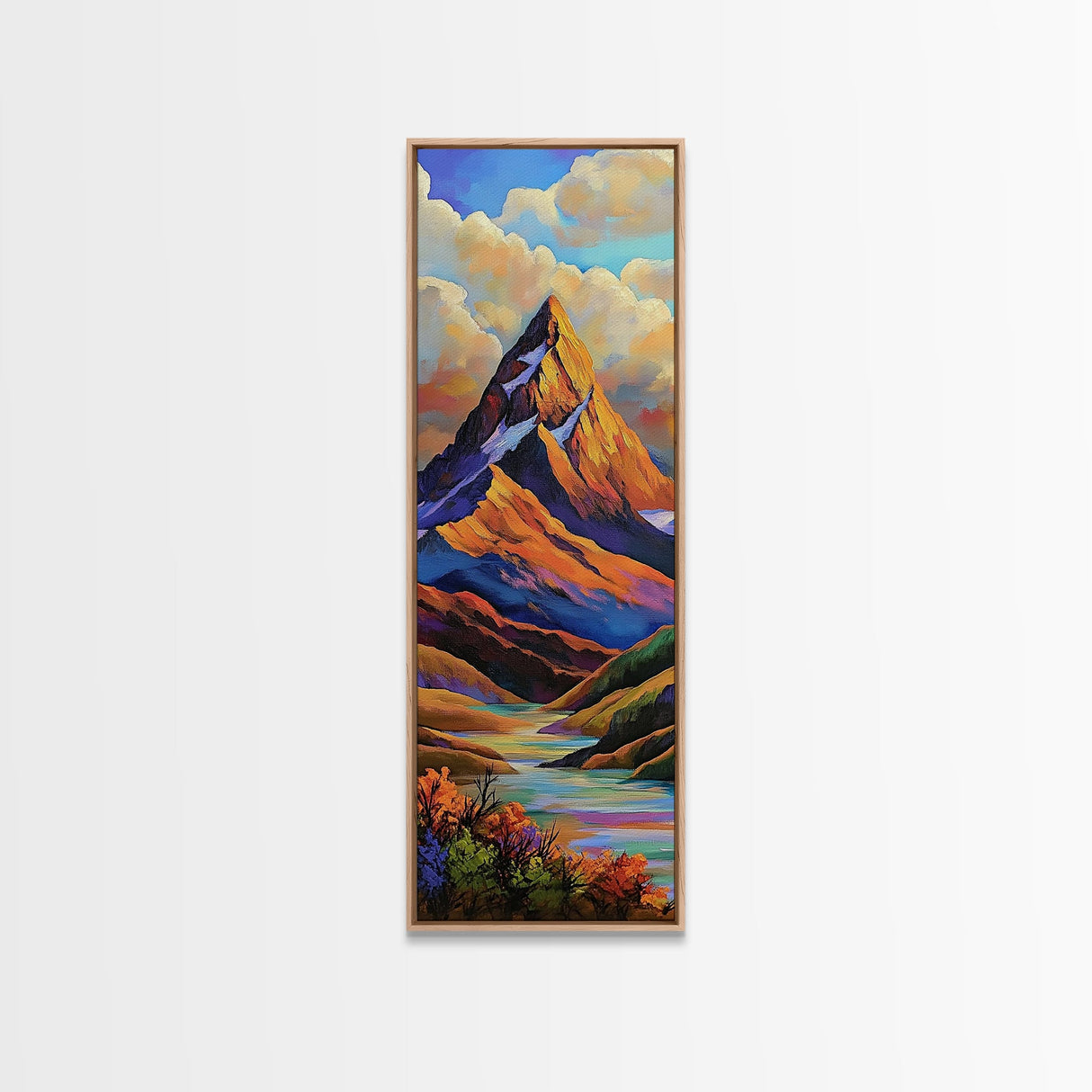 Majestic, Peak, River, Valley, Framed Canvas Print with dramatic alpine scenery, rustic lodge wall decor, fall landscape, nature art