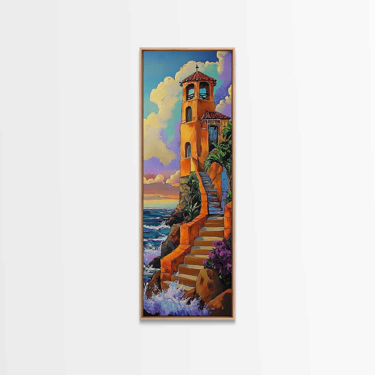 Tower, Steps, Ocean, Chapel, Framed Canvas Print, Vibrant Seaside Wall Art, Entryway Decor, Coastal Sunset Scene