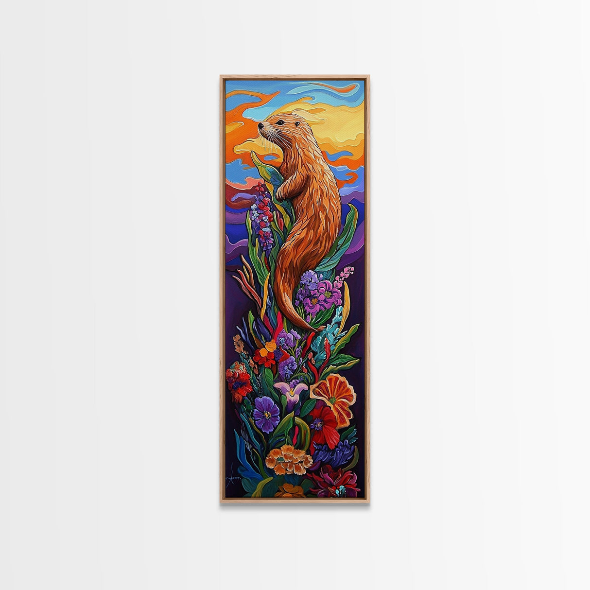 Otter, Flowers, Fantasy, Wildlife, Framed Canvas Print, Whimsical animal art in vibrant palette, ideal Nursery Art or Nature Lover Decor