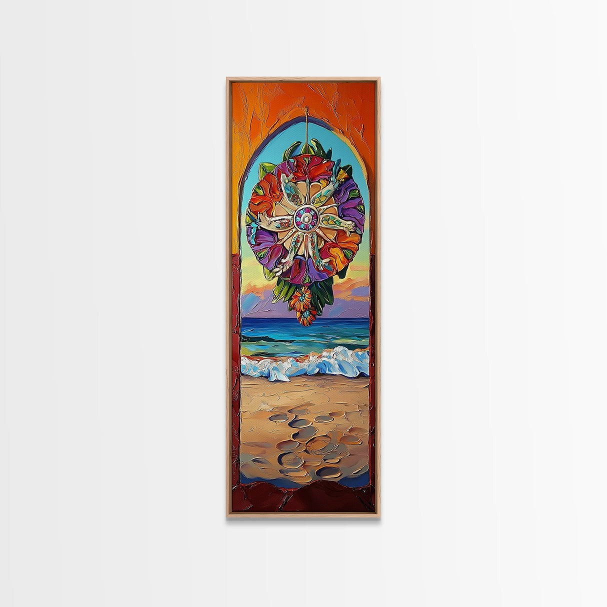 Sunset Beach, Mandala, Coastal Archway Framed Canvas Print, Boho Ocean Wall Art, Vibrant Entryway Decor, Spiritual Coastal Style