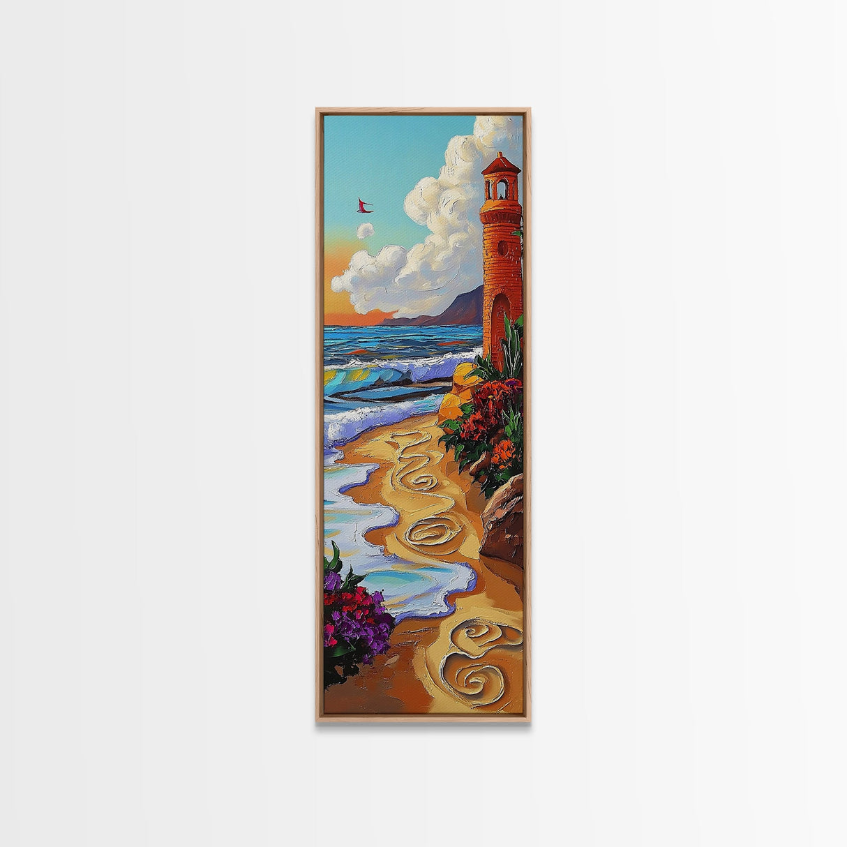 Lighthouse Beach, Nautical, Sunset Glow Framed Canvas Print, Ocean Wall Art, Coastal Living Room Decor, Seaside Boho Painting