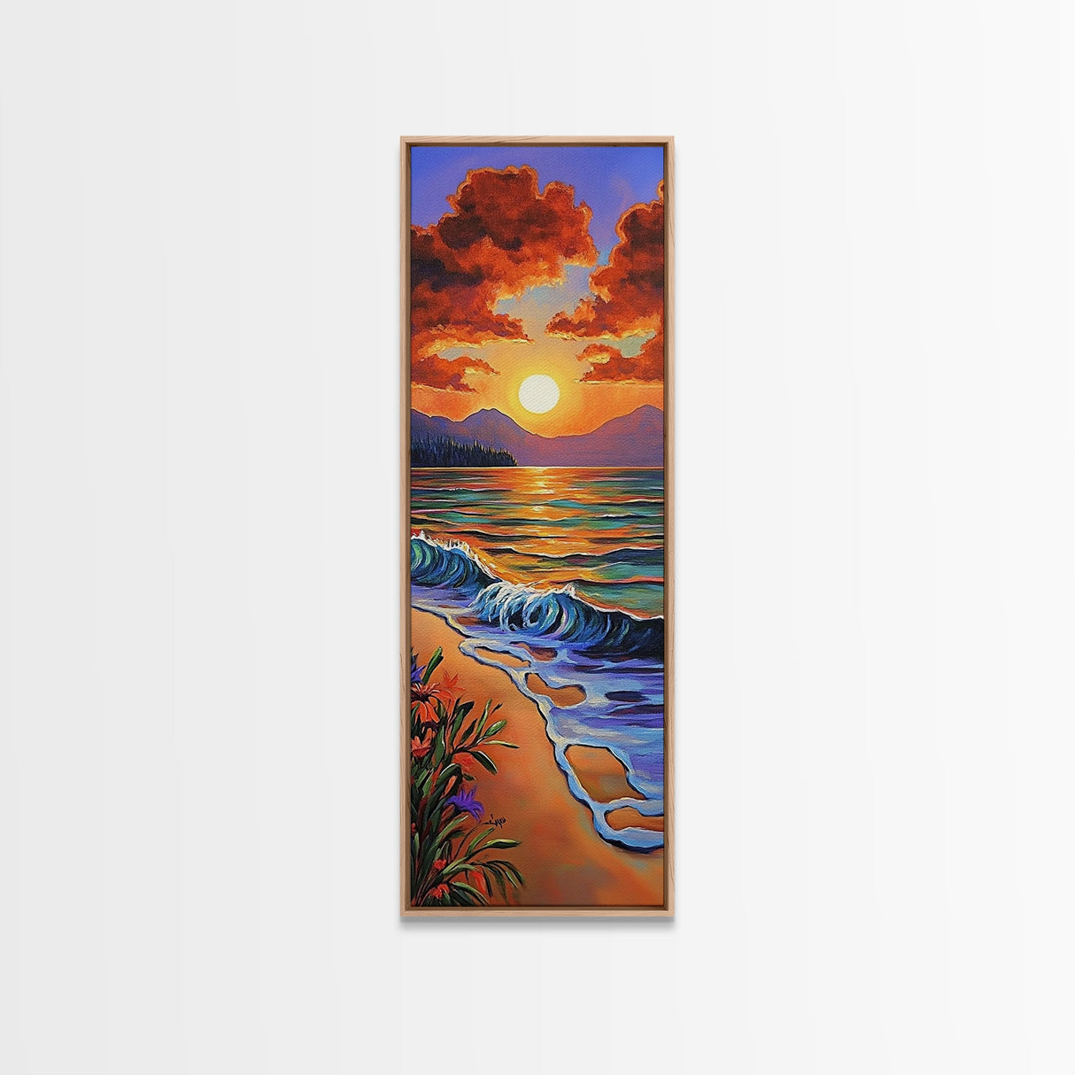 Beach Sunset, Clouds, Coastal Canvas Print vibrant tropical sunset painting, ocean waves art, colorful coastal decor, summer home wall art