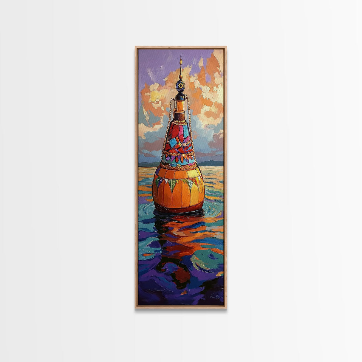 Vibrant Buoy, Sunset Waterscape – Nautical Wall Decor, Coastal Art, Ocean Room Accent, Framed Canvas Print, Colorful Boho Sea Art