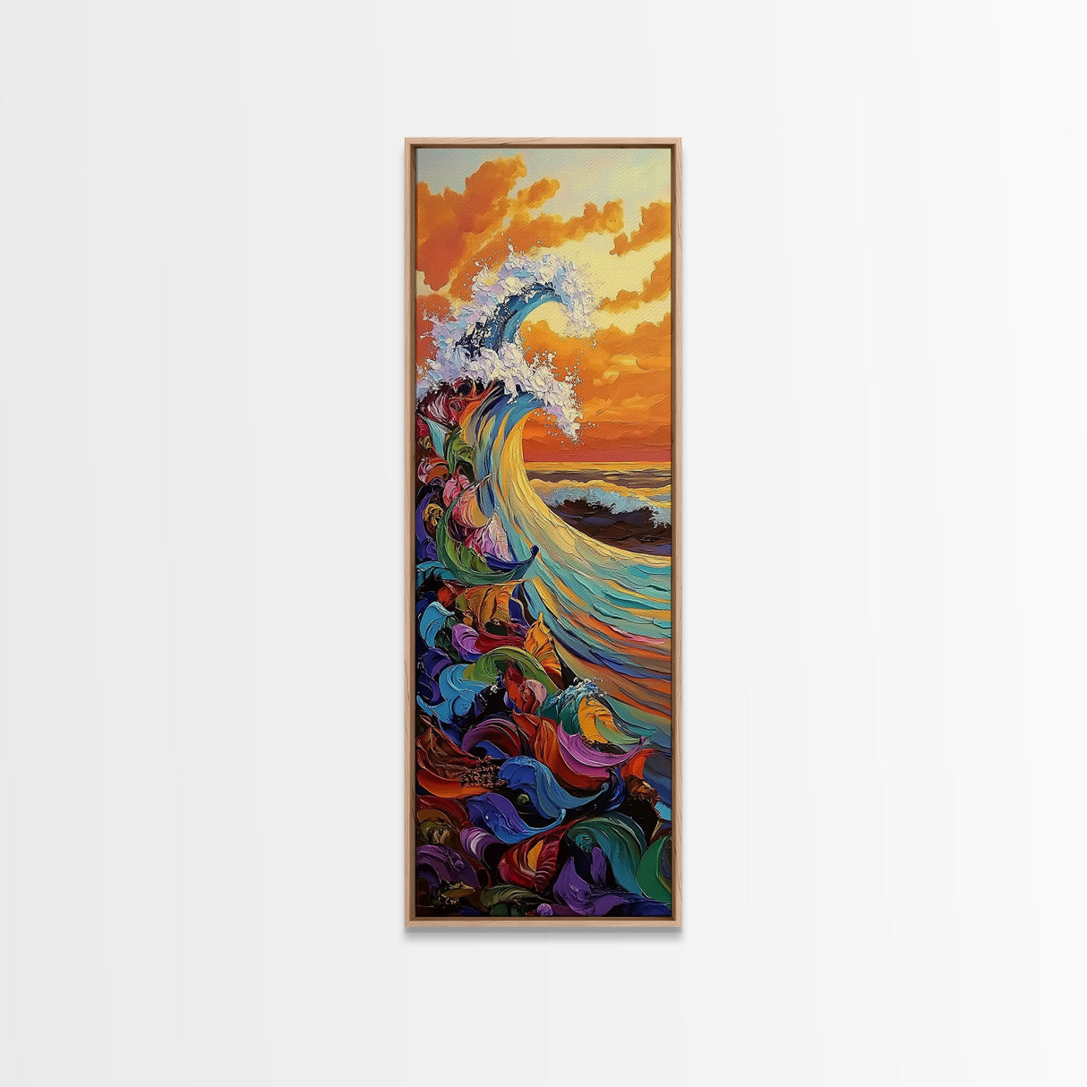 Ocean Wave, Sunset, Splash - Framed Canvas Print coastal wall art, colorful seascape decor, vibrant wave art, living room beach painting