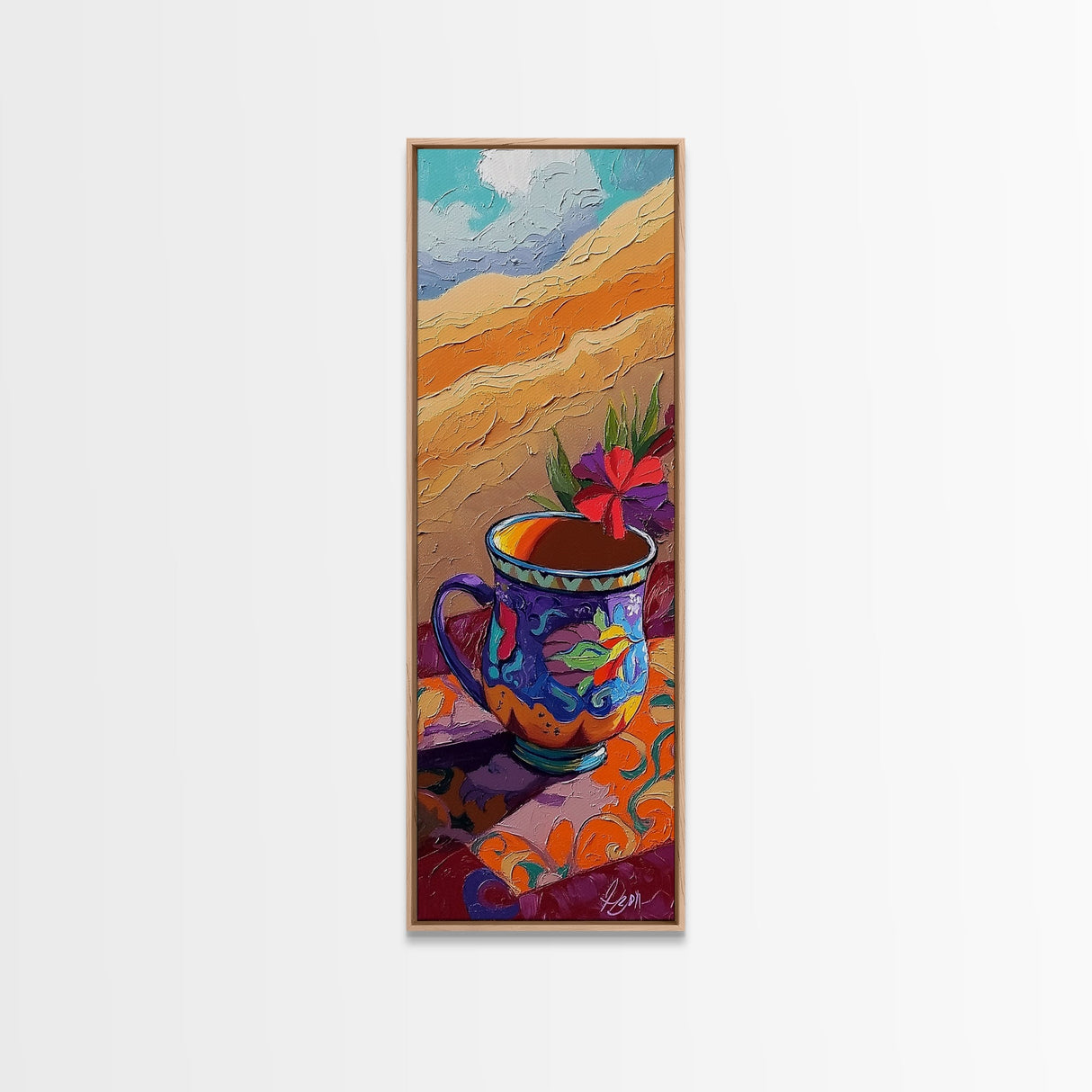 Cup Hibiscus, Coffee, Bold - Framed Canvas Print coffee lover gift, tropical mug painting, breakfast nook decor, colorful boho wall art