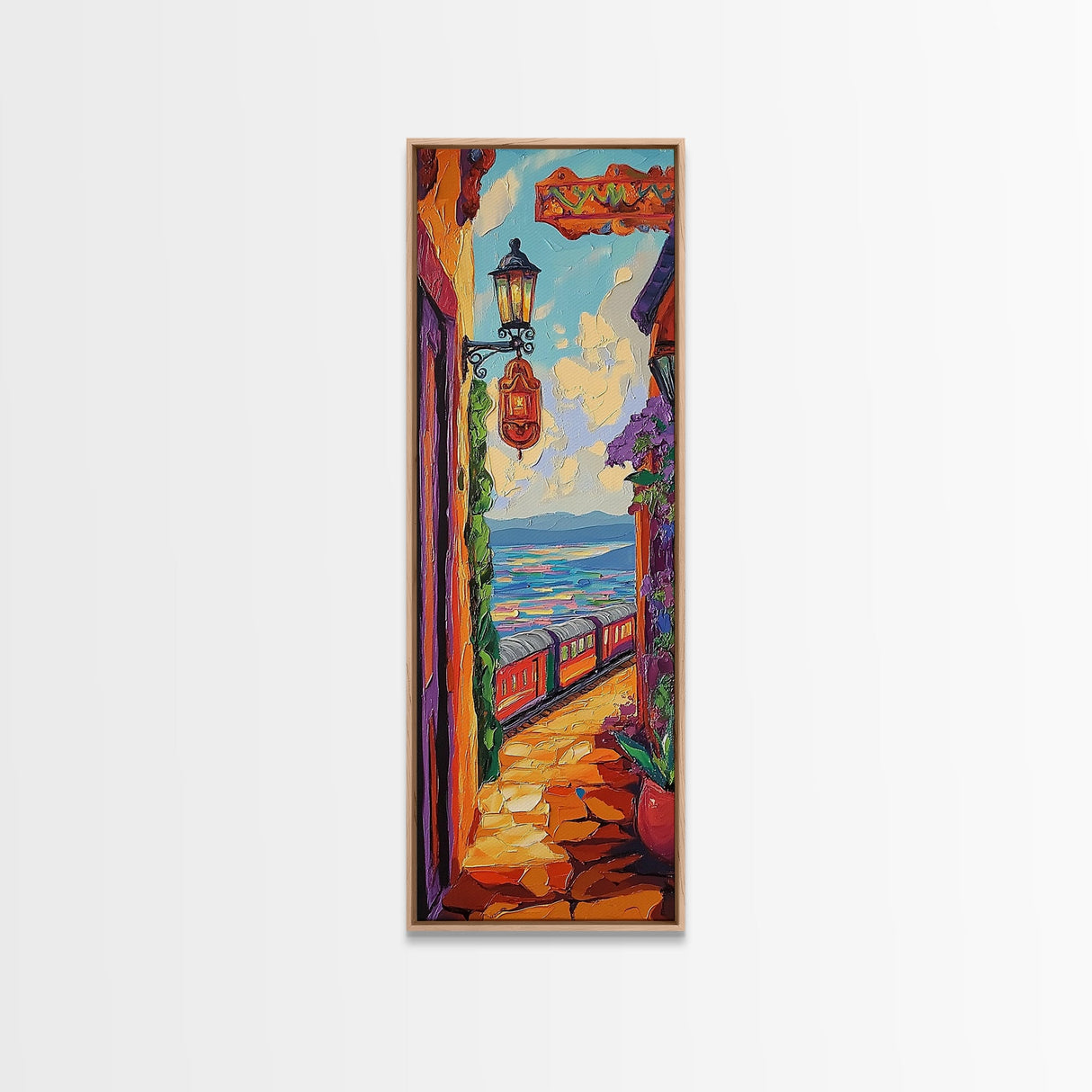 Train Seaside, Pathway Charming — Framed Canvas Print, whimsical travel artwork, Mediterranean street painting, kitchen decor, coastal scene