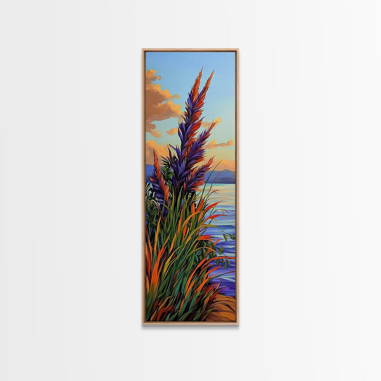 Feather Grass, Sunset Field, Colorful Coastal Landscape, Framed Canvas Print, Boho Bedroom Wall Art, Nature Inspired Living Room Decor