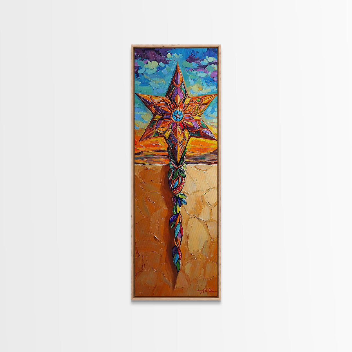 Star Cross, Colorful Sky, Spiritual Folk Symbol, Framed Canvas Print, Southwestern Wall Art, Vibrant Entryway Decor, Festive Religious Art
