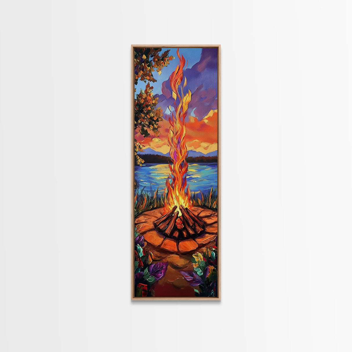 Campfire Flames, Sunset Lake – Rustic Firepit Wall Art, Cozy Cabin Vibes, Autumn Nature Scene, Framed Canvas Print, Lodge Decor