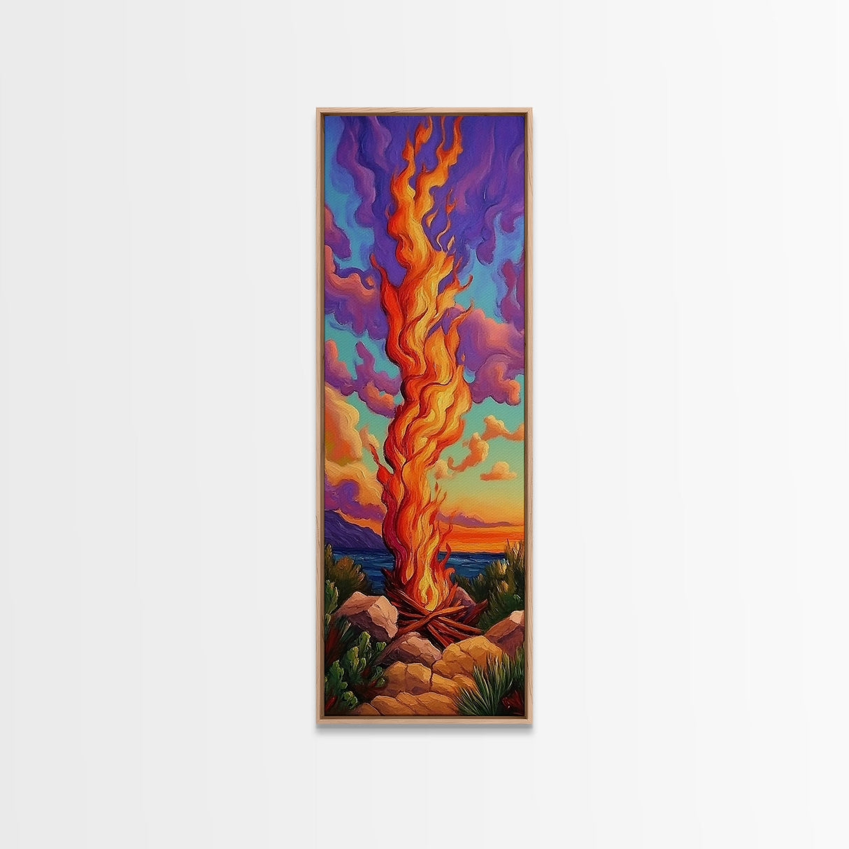 Fire Dusk, Mountains Vibrant – Scenic Bonfire Painting, Vibrant Nature Decor, Framed Canvas Print, Autumn Outdoor Living Room Art
