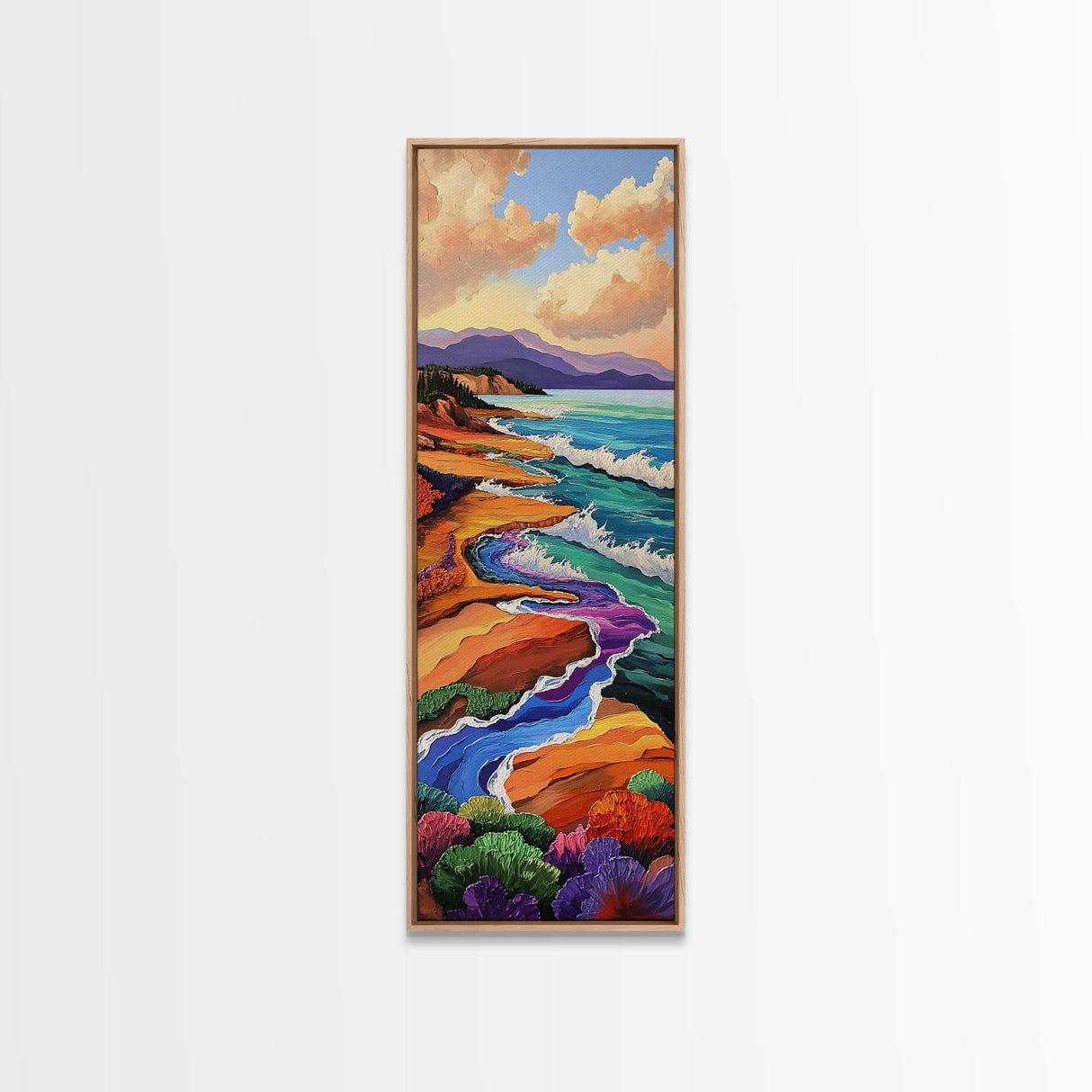 Coastal Waves, Flowers Landscape, Framed Canvas Print, Coastal wall art, beach landscape decor, boho style, bathroom or hallway art