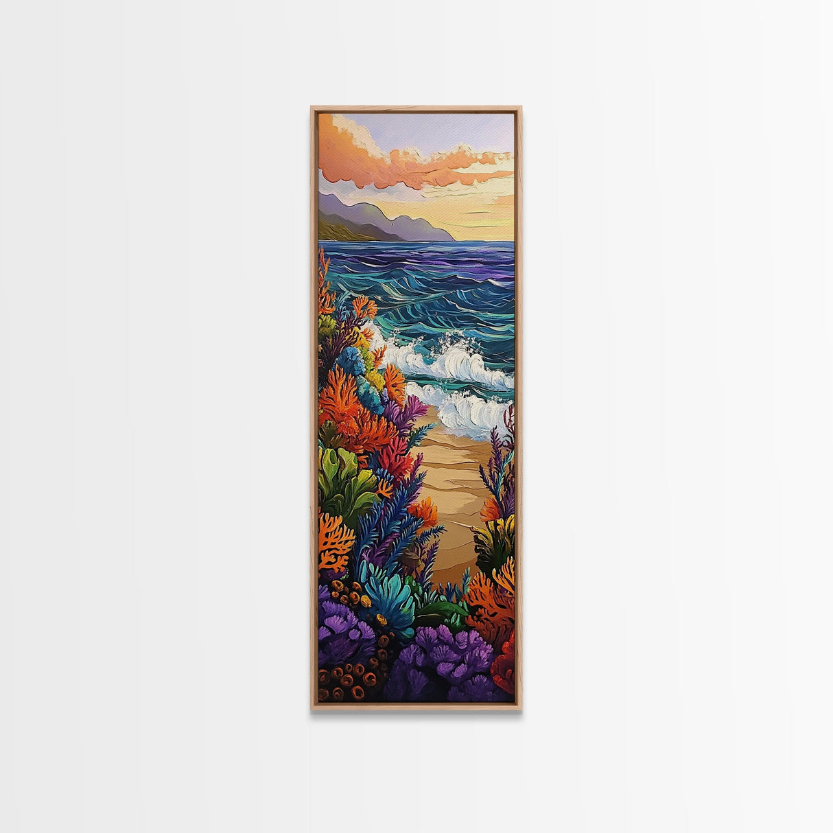 Ocean Waves, Coral Sunset, Canvas Print, Coastal living room wall art, colorful seascape painting, underwater reef design, tropical beach vibe