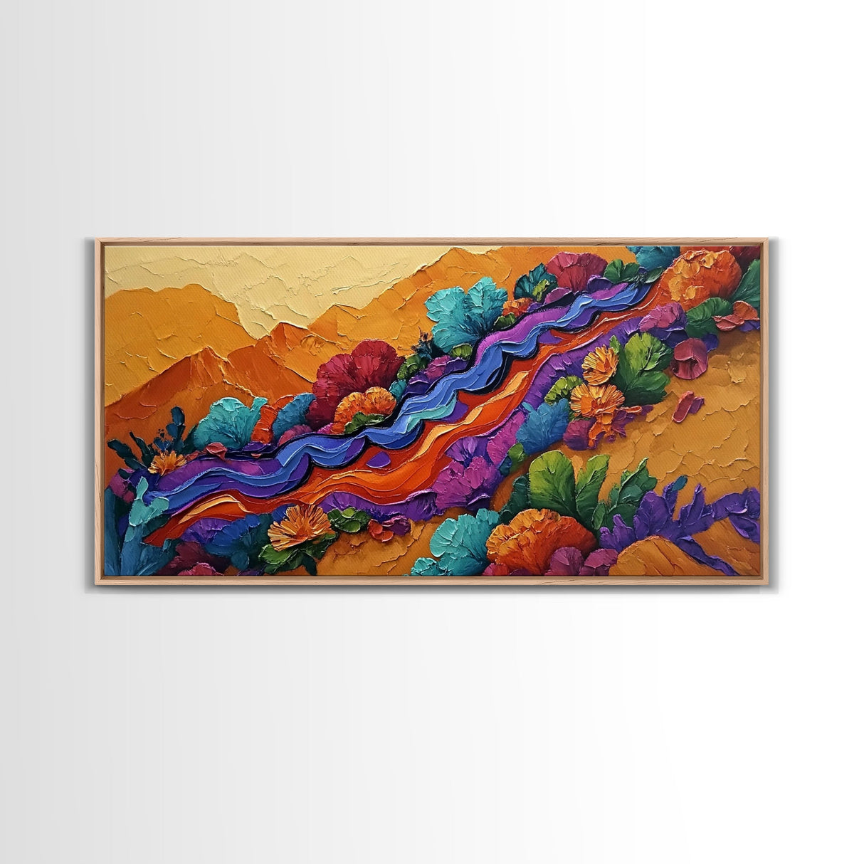 Mountains Flowers, Layers, Texture, Canvas Print, colorful impasto abstract mountain scene, modern art piece, textured fall wall decor