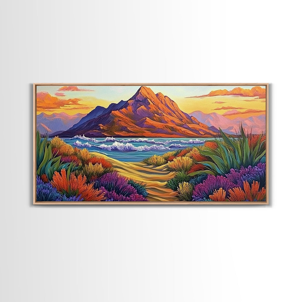 Mountains Waves, Path, Sunset Landscape Canvas Print, Colorful Nature Wall Art, Southwest Bedroom Decor, Autumn Art Style