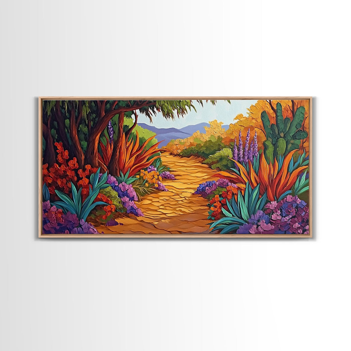 Autumn Pathway, Forest, Flowers, Framed Canvas Print fall landscape painting, nature wall art, rustic cabin decor, living room art