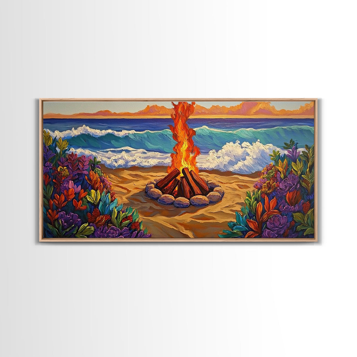 Fire Beach, Ocean, Framed Canvas Print, Sunset Beach Bonfire Painting, Vibrant Coastal Campfire Wall Art, Boho Living Room Decor