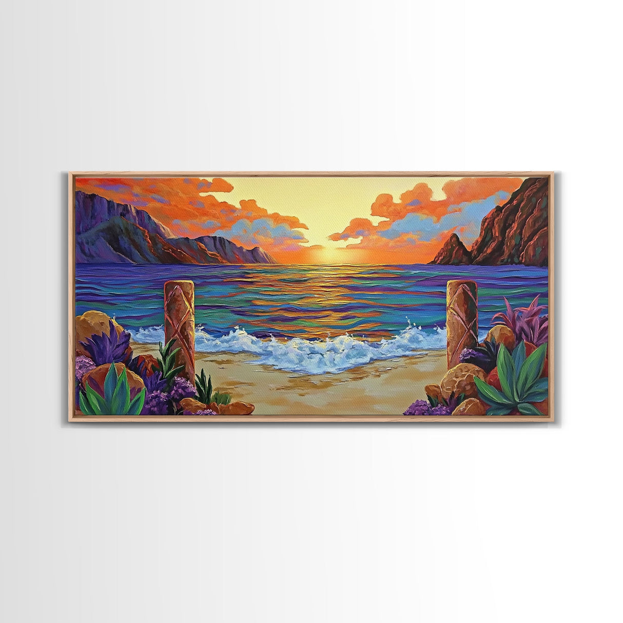 Sunset Beach, Waves, Colorful sunset beach seascape with waves and mountain view, Canvas Print, tropical coastal wall decor