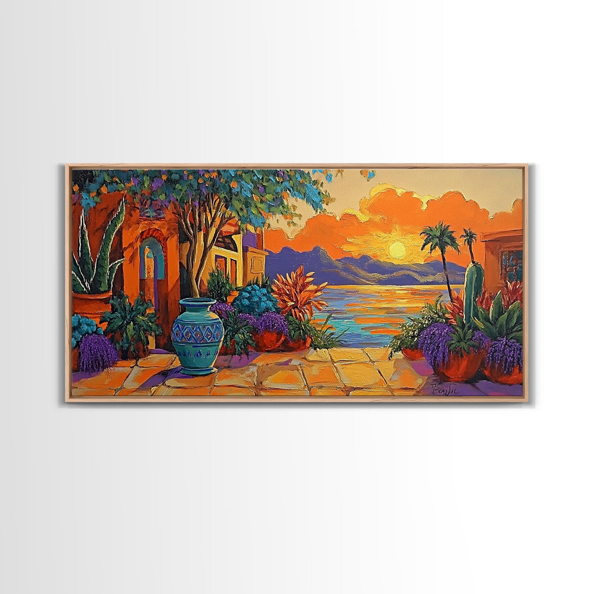 Sunset Courtyard, View, Vibrant sunset courtyard scene with ocean and mountain backdrop, Framed Canvas Print, kitchen wall art