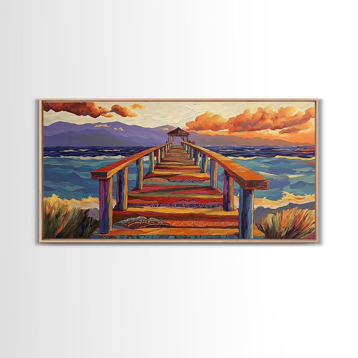 Pier Ocean, Sunset, Vibrant sunset over colorful pier walkway into the sea, Framed Canvas Print, coastal living decor