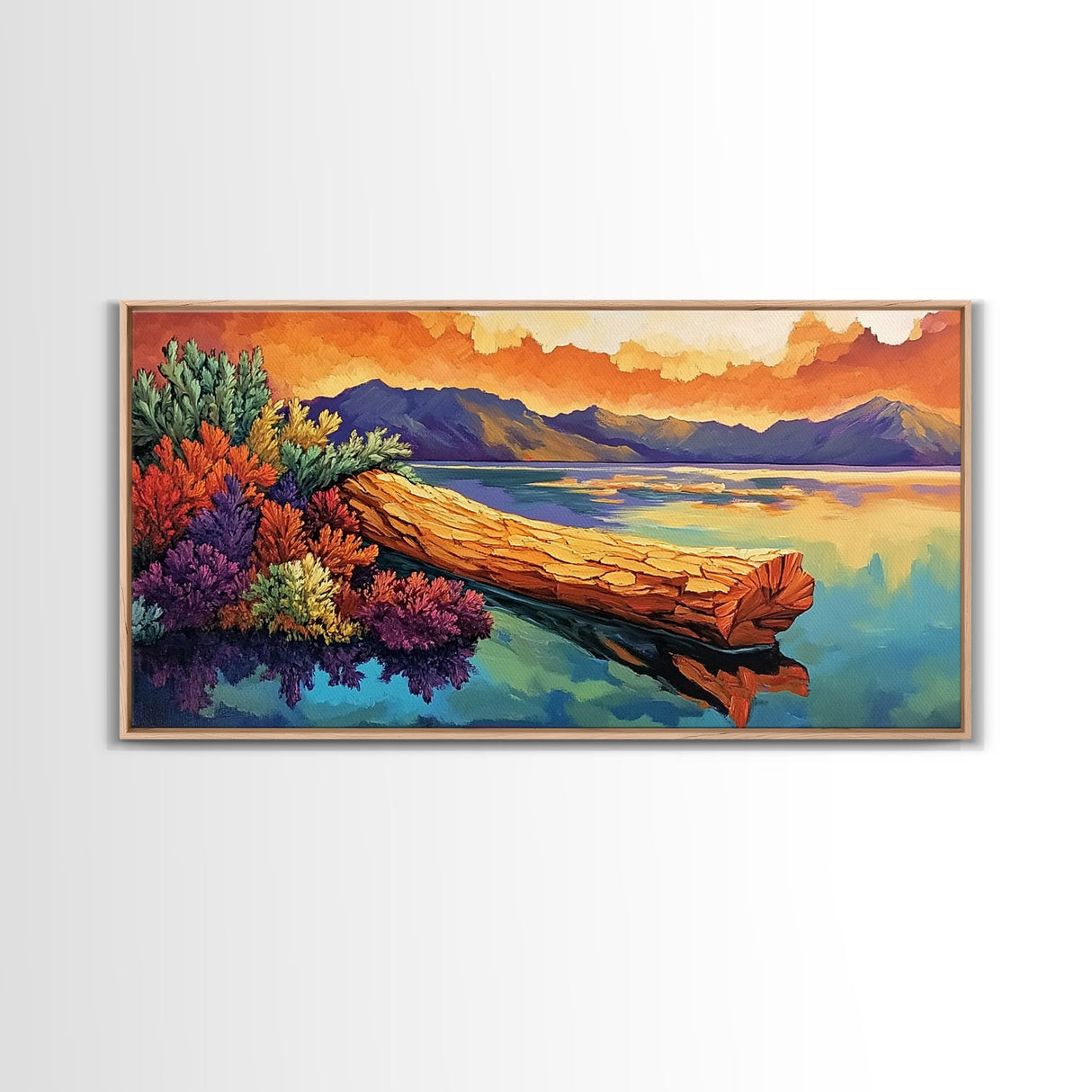 Driftwood, Water, Mountains, Nature, Framed Canvas Print, Scenic log lake art, cabin lodge vibes, peaceful living room wall decor