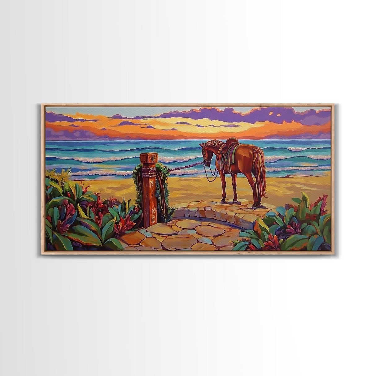 Horse Beach, Sunset, Western, Framed Canvas Print, Cowboy Art, Coastal Wall Decor, Rustic Boho Style, Entryway Statement Piece