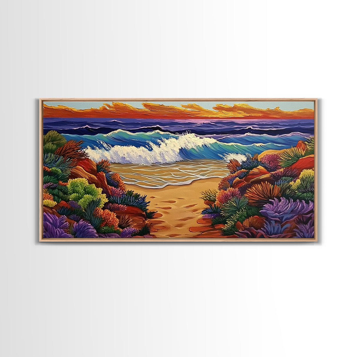 Waves Beach, Sunset, Coastal, Framed Canvas Print, Ocean Wall Art, Colorful Seascape Decor, Nautical Living Room Accent, Coastal Vibes