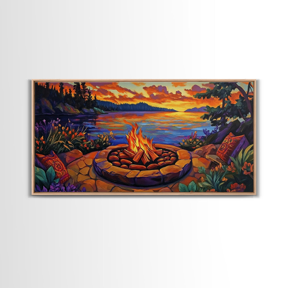 Firepit Sunset, Cozy, Night, Canvas Print warm evening campfire artwork, fall wall decor, lakeside cabin print, romantic outdoor setting