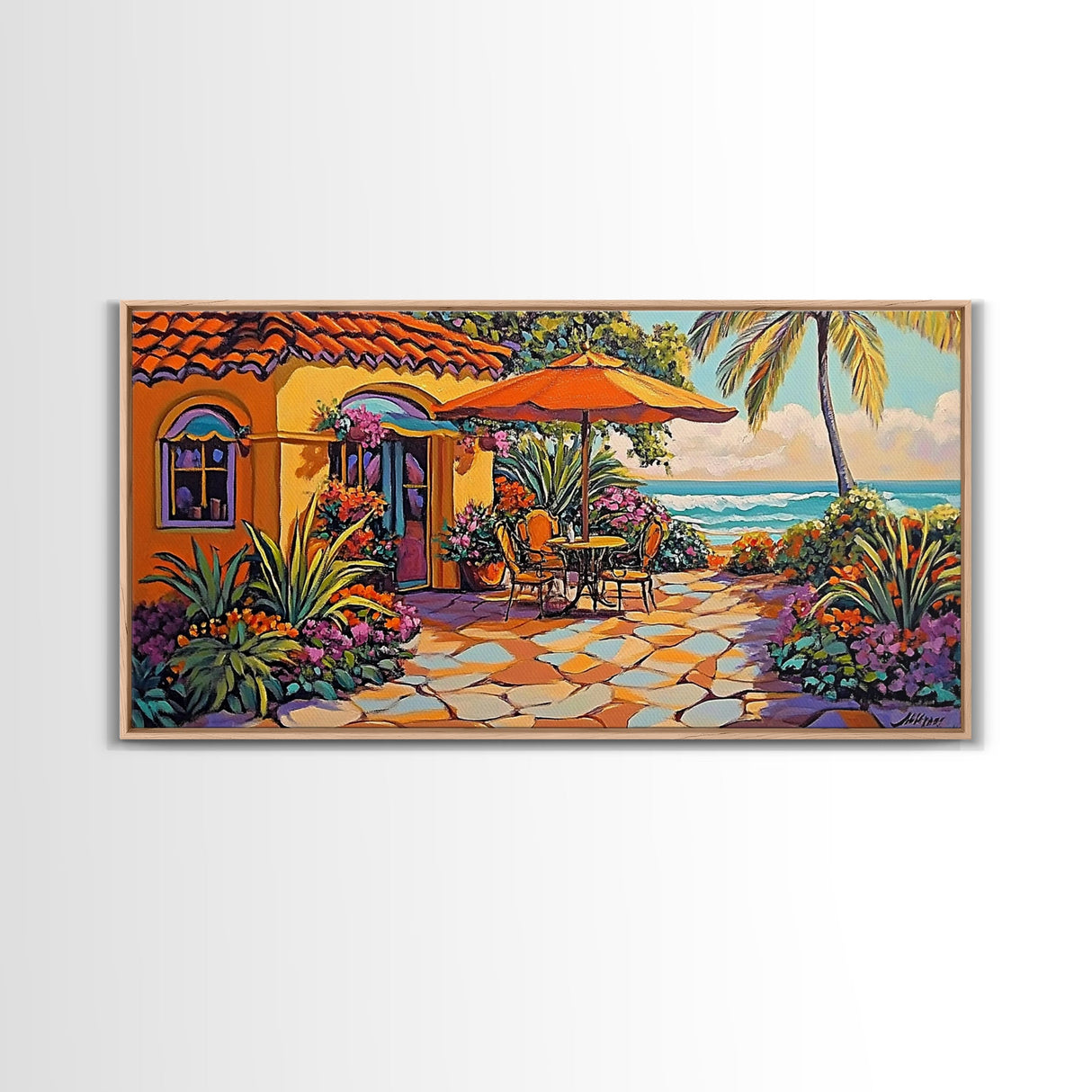 Patio Palm, Ocean, Framed Canvas Print, Tropical Patio Garden Scene, Warm Mediterranean Style Wall Decor, Dining Room Art