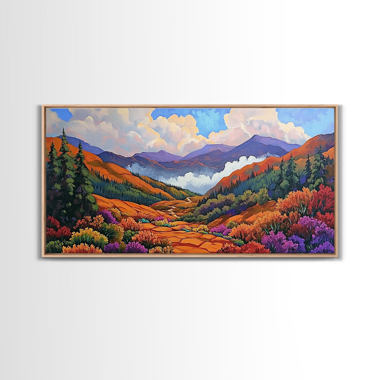 Mountain Valley, Wildflower Trail, Sunset Pathway, Canvas Print, Boho Wall Art, Bedroom or Hallway Decor, Vibrant Nature Painting