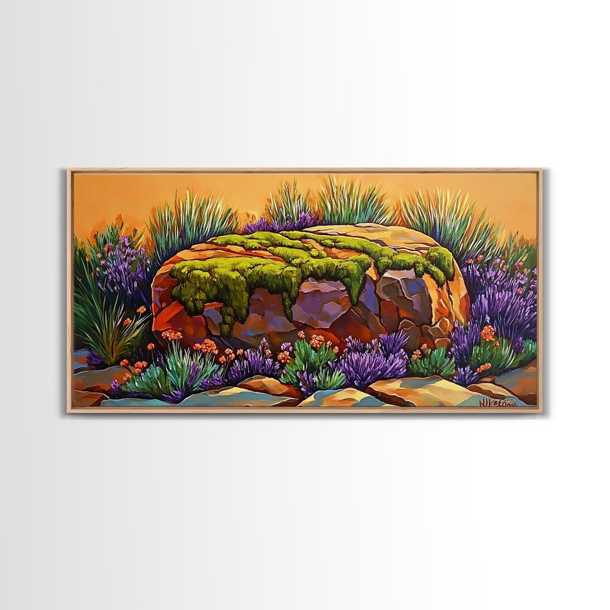 Moss Rock, Desert Garden, Sunset Stone, Framed Canvas Print, Rustic Wall Art, Kitchen or Bathroom Decor, Desert Botanical Artwork