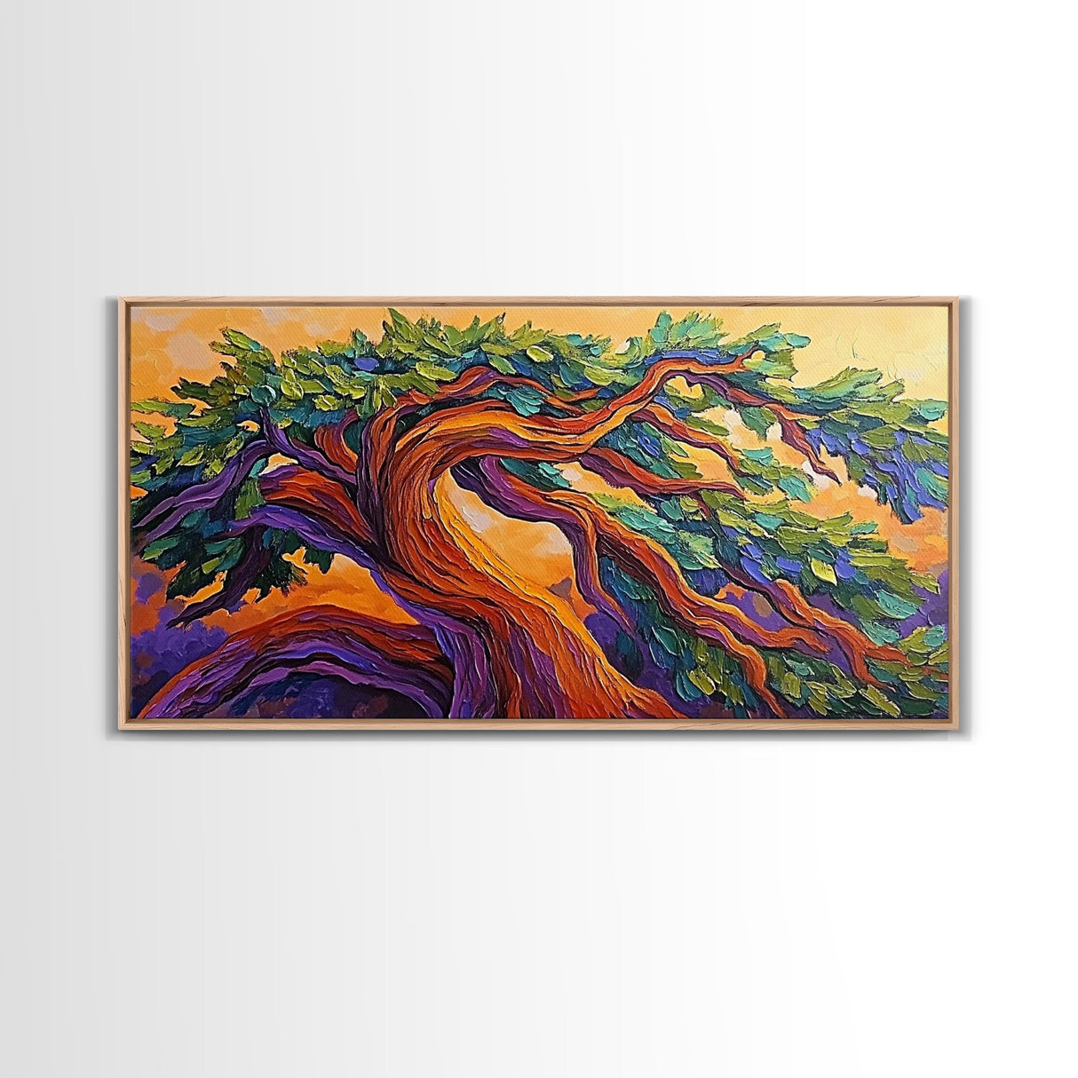 Whimsical Tree, Autumn Sky, Nature, Canvas Print, Bright textured tree painting perfect Fall Bedroom Wall Art or Boho Living Room Art