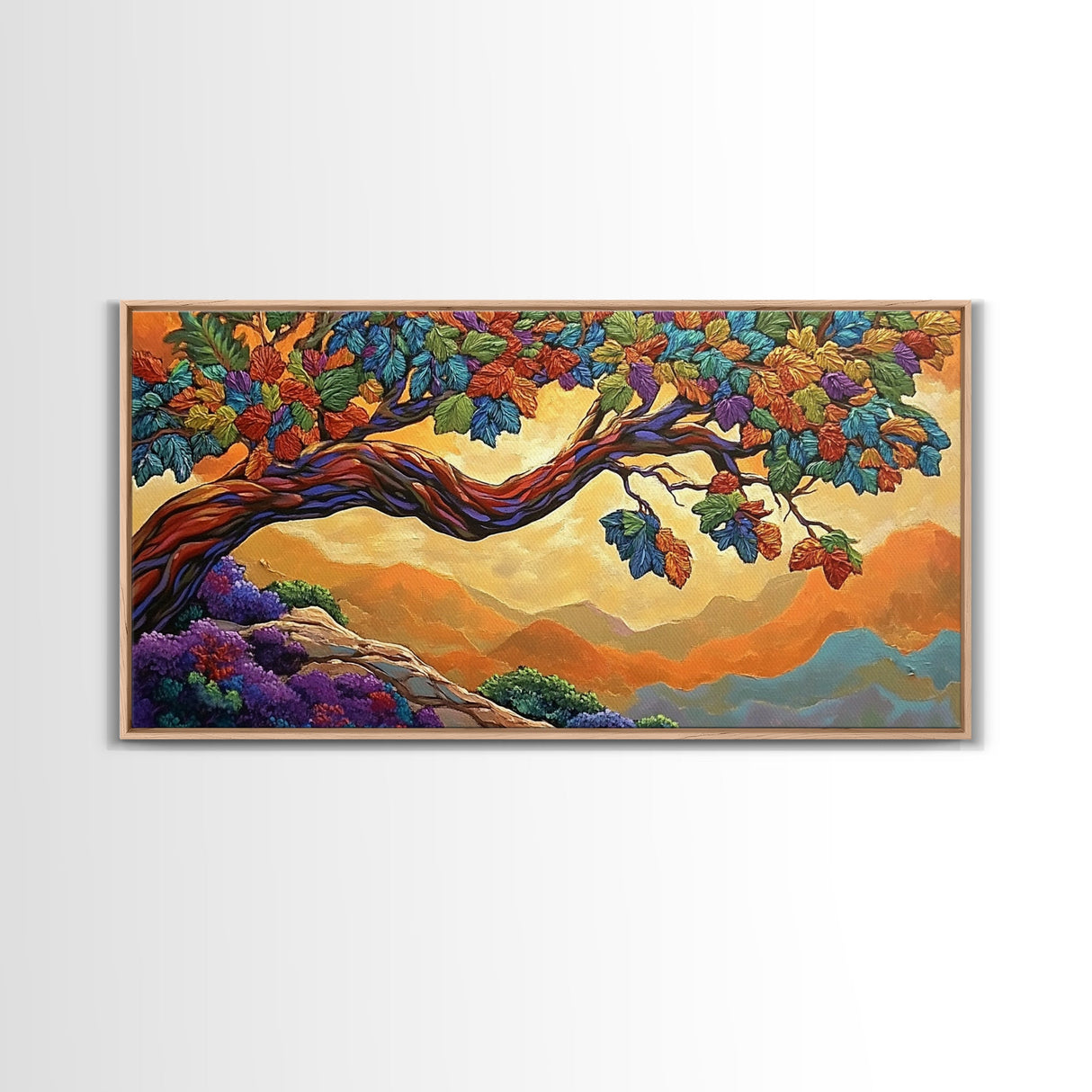 Tree Autumn, Leaves, Branches, Framed Canvas Print, foliage fall decor, mountain wall art, boho style living room, nature painting