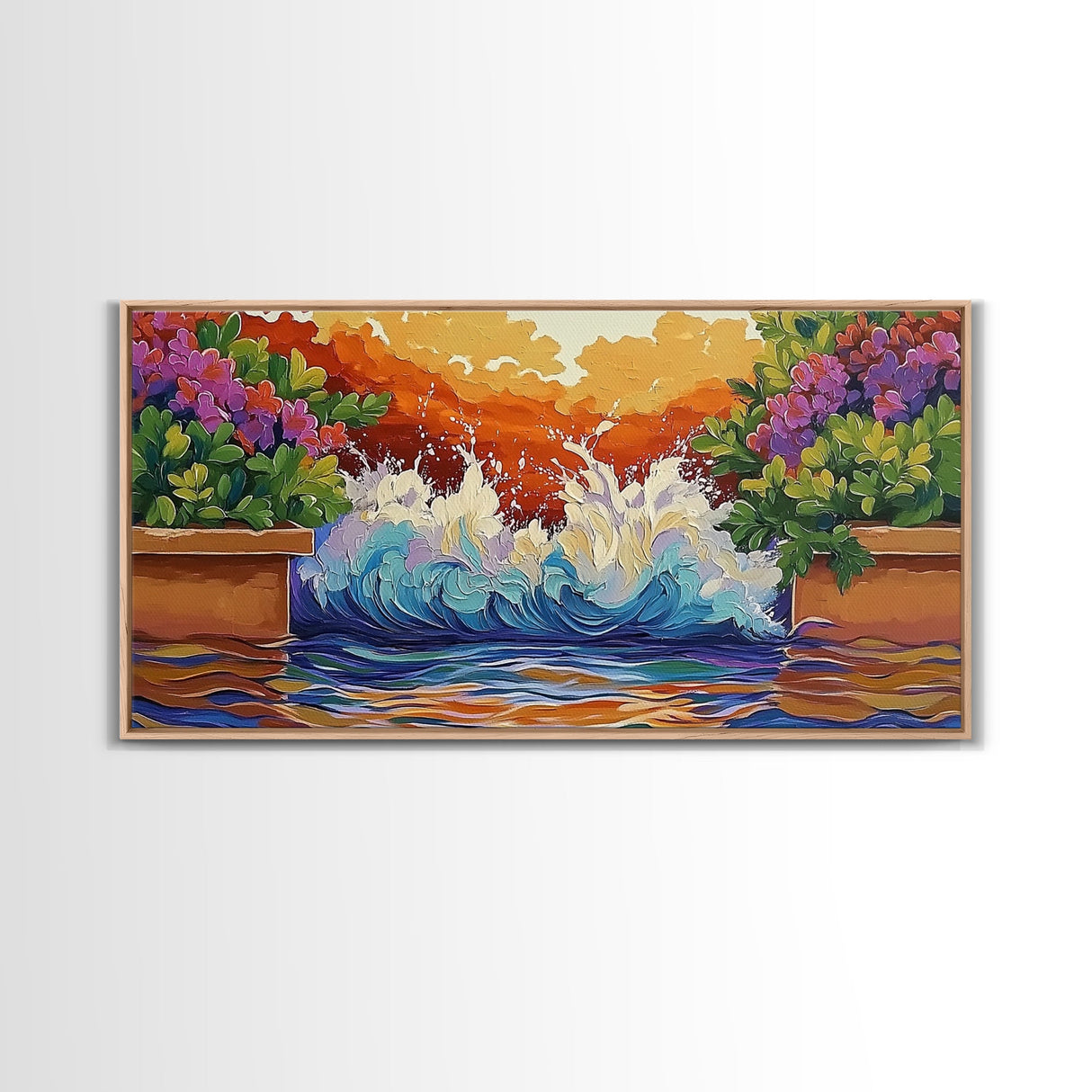 Splash Ocean, Garden, Patio, Canvas Print, bold wave crashing, vibrant tropical garden wall art, outdoor decor, boho coastal style