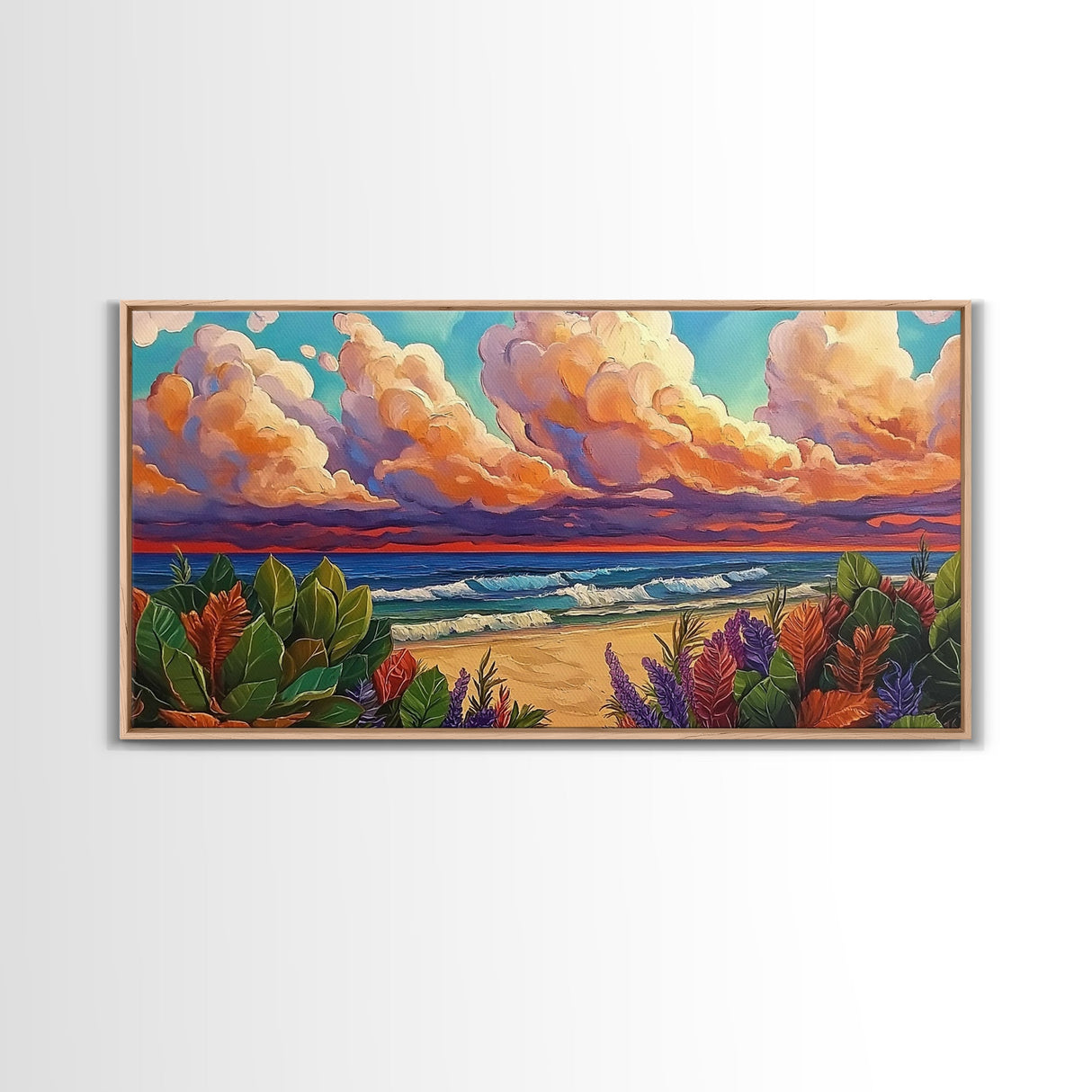 Tropical Beach, Clouds, Canvas Print, Colorful coastal beach artwork with dramatic clouds and waves, Bathroom Wall Art, coastal style