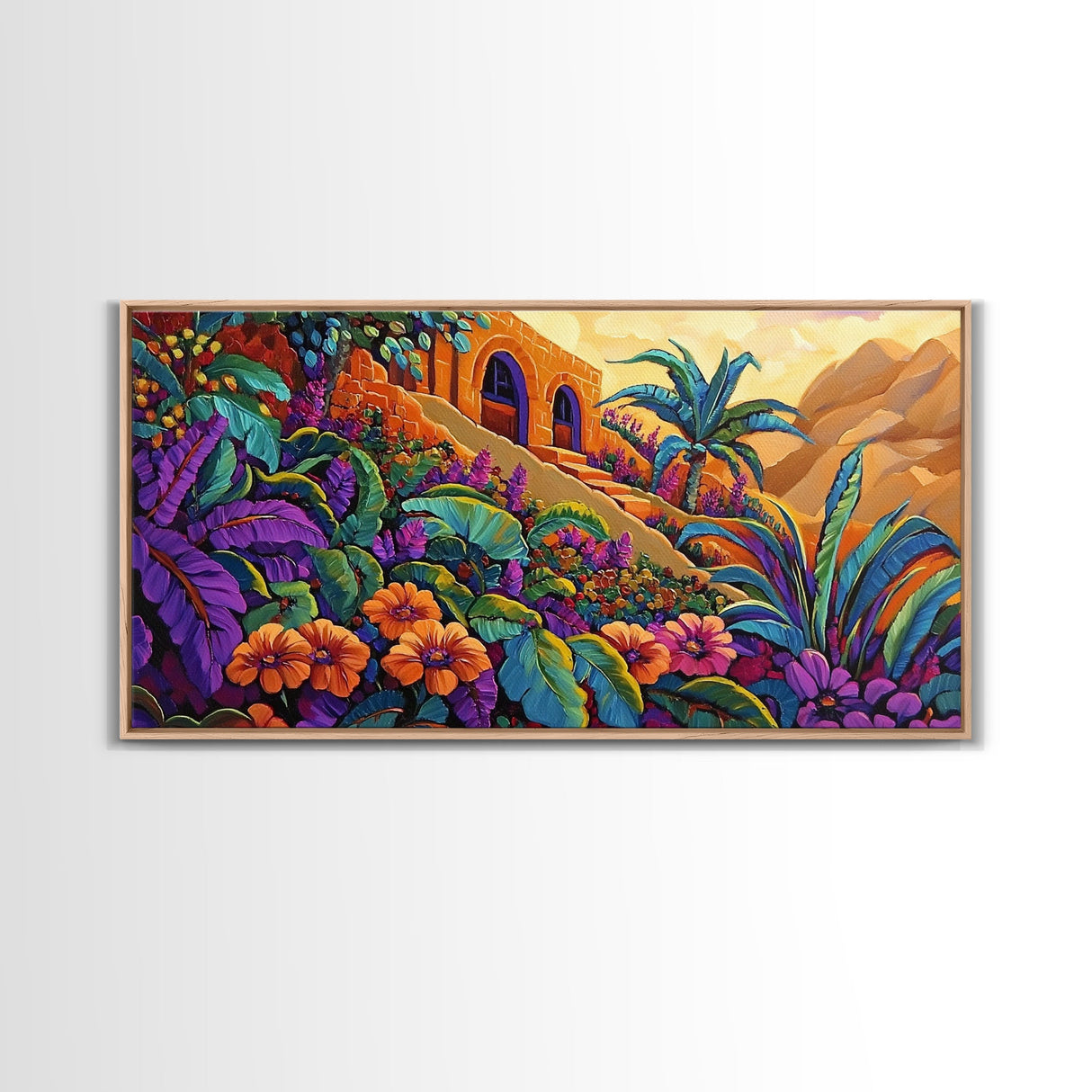 Jungle, Flowers, Adobe, Hillside, Framed Canvas Print tropical wall art, vibrant living room decor, boho jungle scene painting