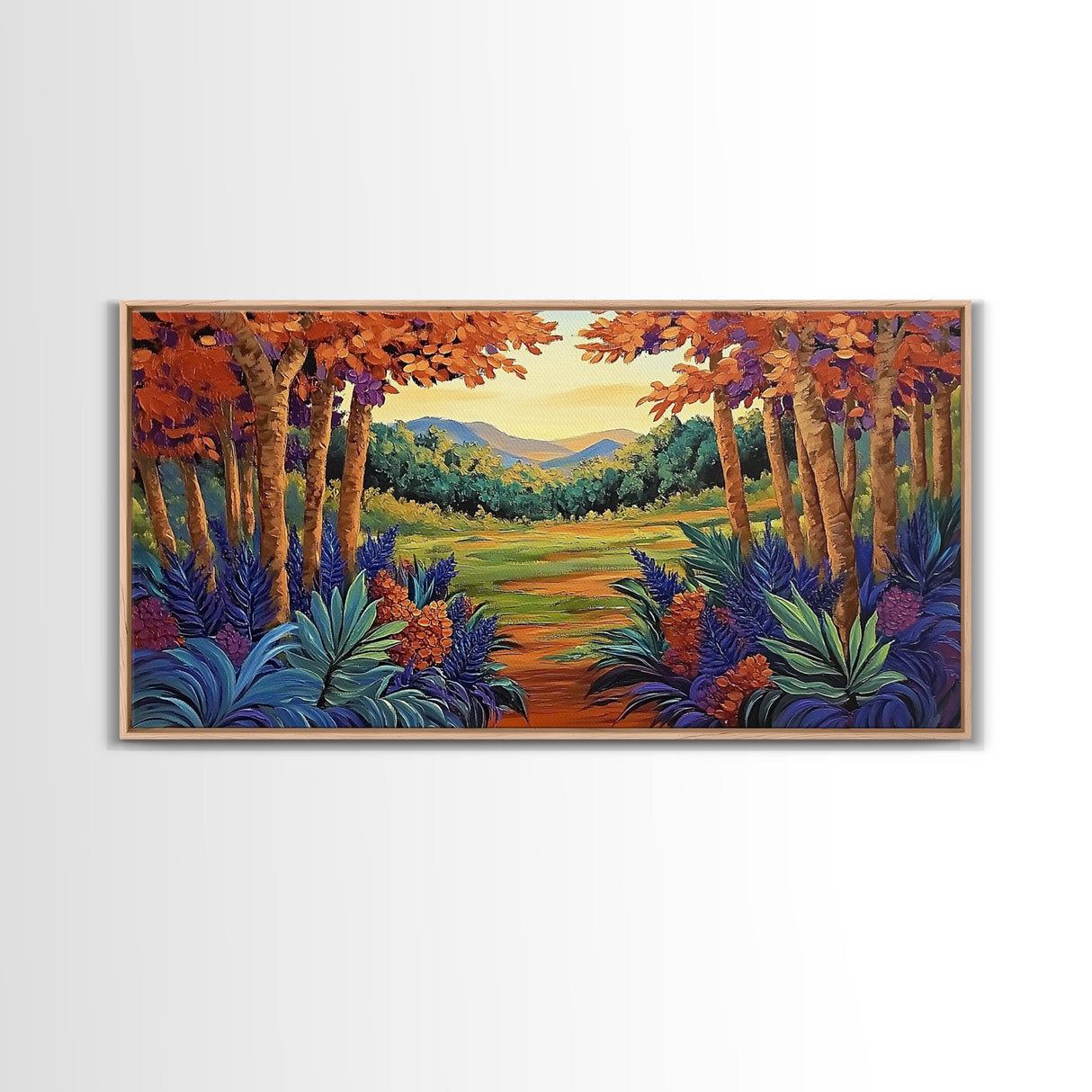 Forest Fall, Colorful, Leaves, Framed Canvas Print bold woodland foliage design, vibrant autumn landscape art, hallway wall accent