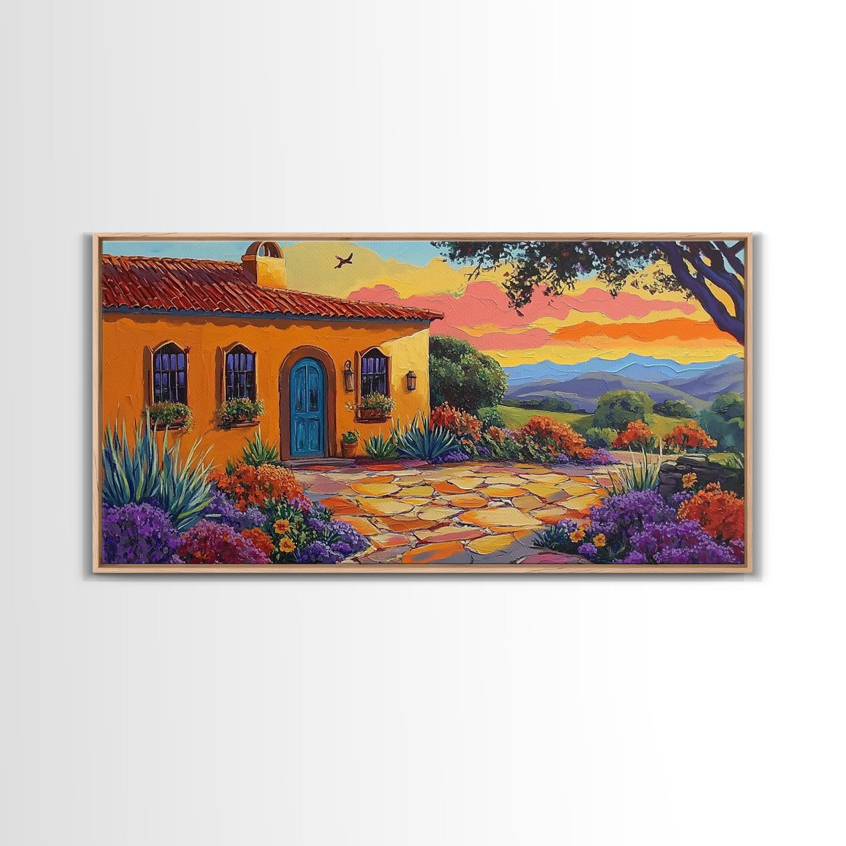 House Sunset, Garden, Southwest, Framed Canvas Print warm adobe home wall art, colorful southwestern sunset print, cozy kitchen decor