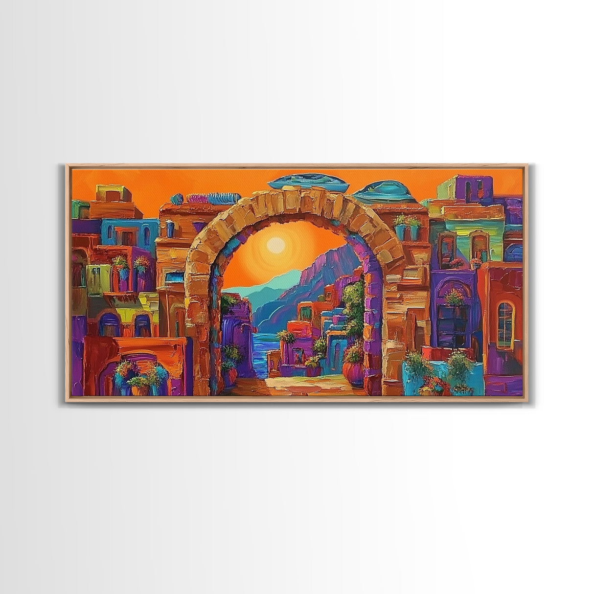 Arch Village, Sunset, Canvas Print, Mediterranean Town Wall Art, Colorful Travel Decor, Eclectic Living Room, Warm Sunset Vibe Art