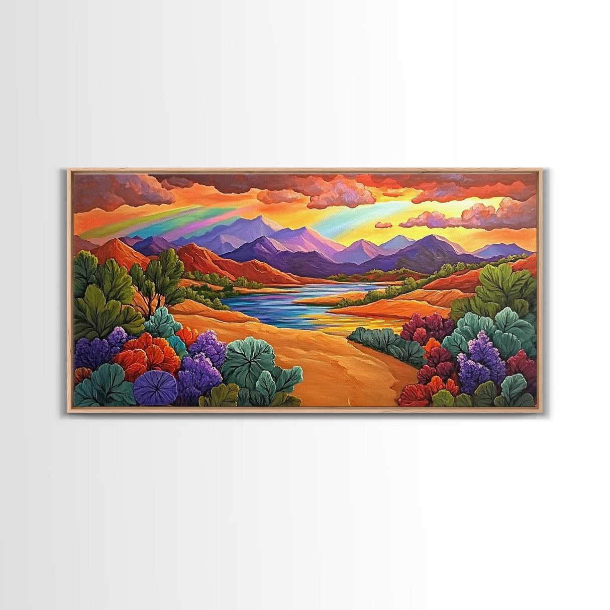 Rainbow Sky, Desert River, Mountain View, Canvas Print, Scenic Landscape Wall Art, Colorful Fall Decor, Living Room Statement Piece