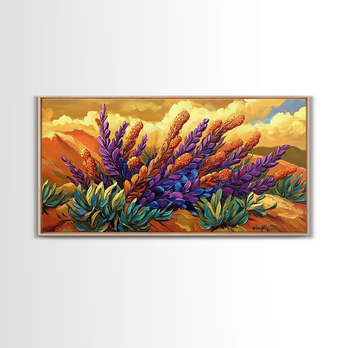Lavender Bloom, Desert, Hillside, Framed Canvas Print Vibrant floral wall art, southwest boho style, Autumn art, hallway decor