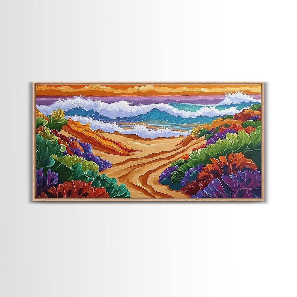 Sunset, Ocean, Trail, Beach, Coastal Sunset Pathway Framed Canvas Print, Bedroom Wall Art, Vibrant Seaside Landscape, Bold Color Decor