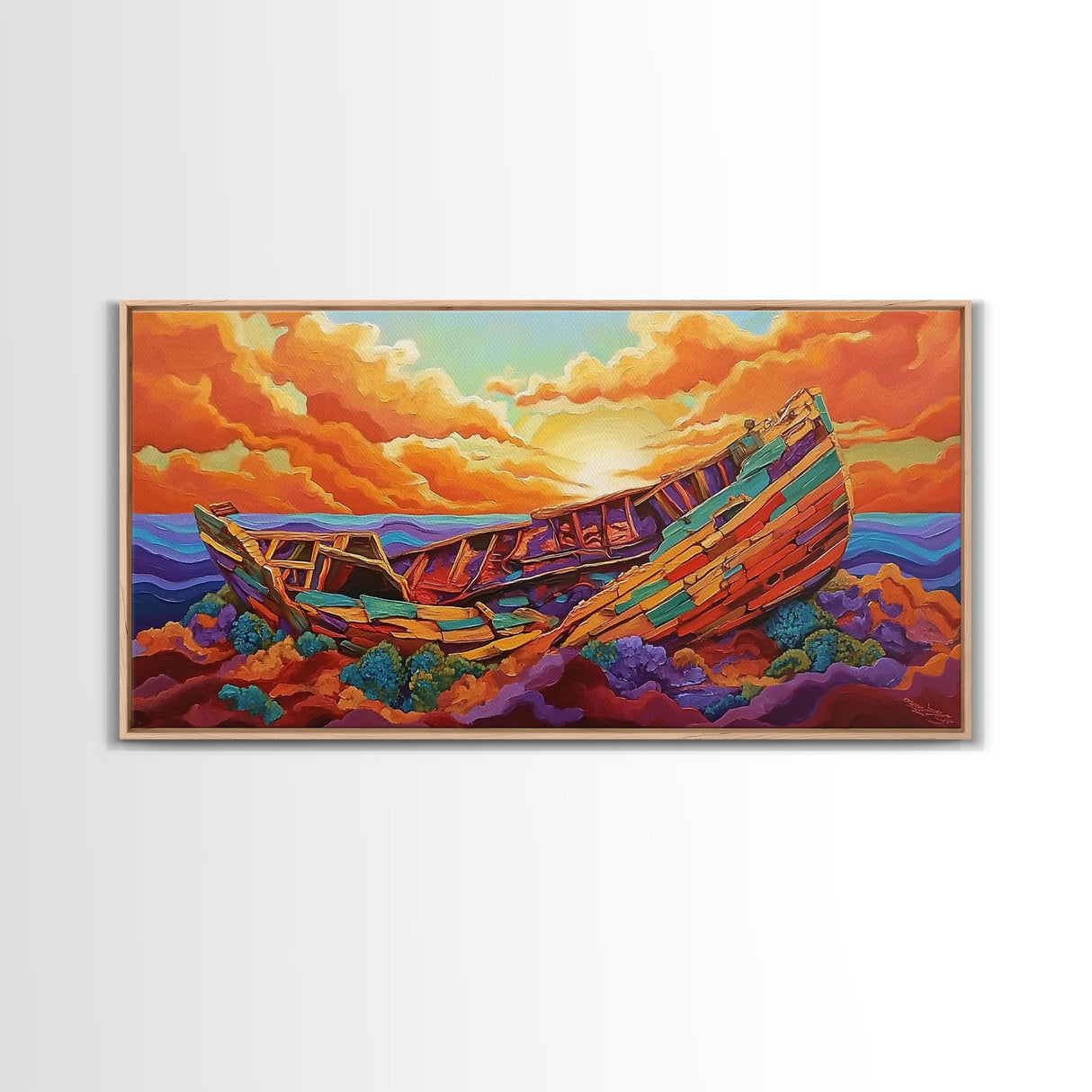 Shipwreck Sunset, Sea, Rustic, Framed Canvas Print, nautical fall coastal decor, beach cabin art, rustic ocean themed living room art