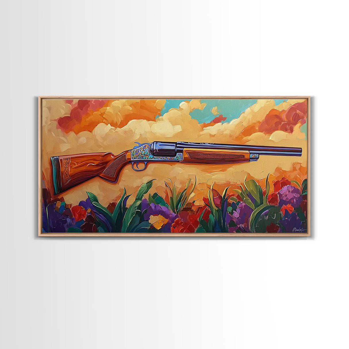 Shotgun Floral, Sunset, Western, Framed Canvas Print, rustic hunting cabin art, bold Americana decor, man cave or lodge wall print