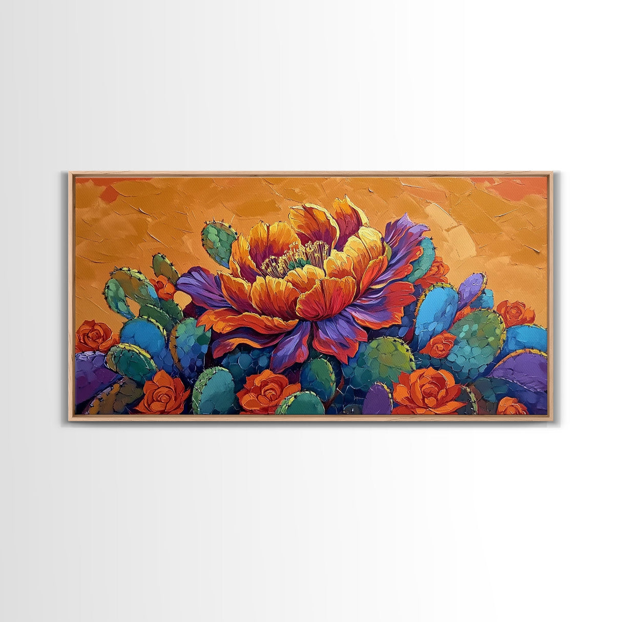 Cactus Bloom, Bold, Flowers, Blooming Cactus Flower Framed Canvas Print, Colorful Botanical Wall Art, Kitchen Boho Decor, Desert Art
