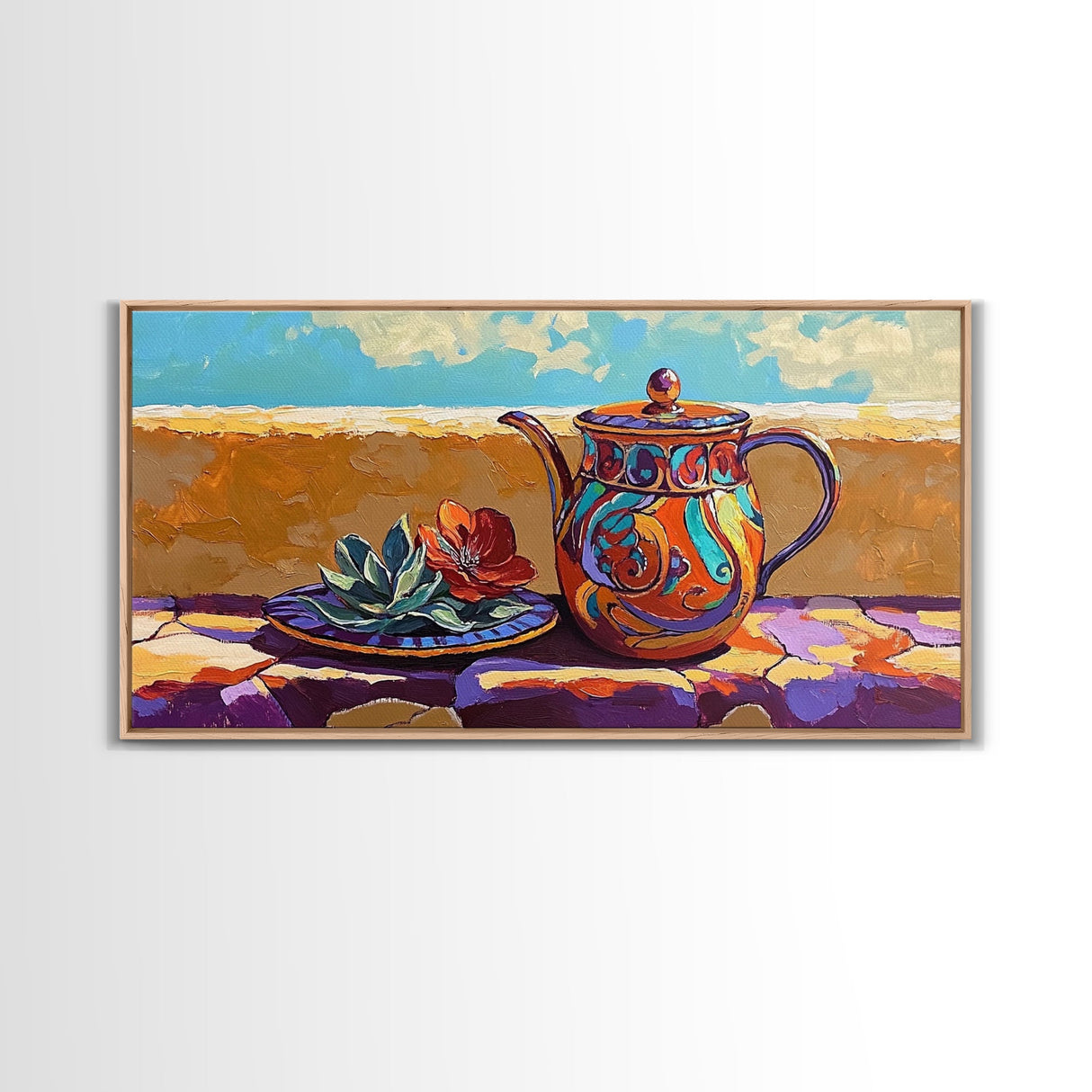 Teapot Patio, Desert, Ceramic, Framed Canvas Print, bold desert teapot art, colorful Mexican pottery, sunny outdoor patio wall art