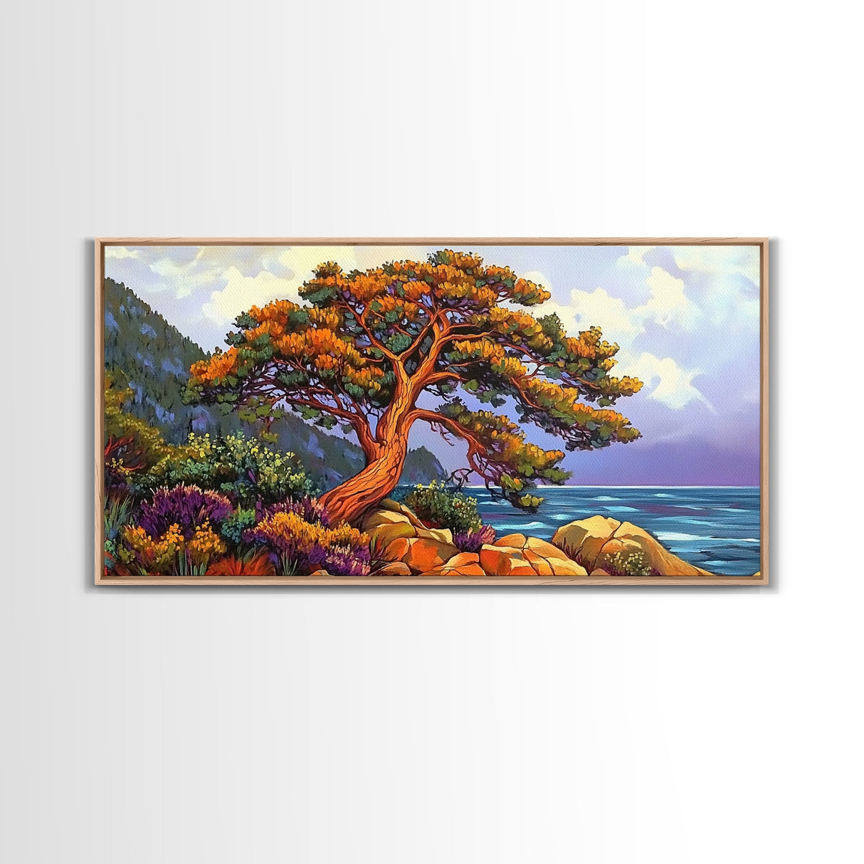 Coastal Tree, Sunset, Ocean, Vibrant tree coastal scene, Canvas Print, Fall Decor, Nature Art, Living Room Wall Art, Earthy Tones