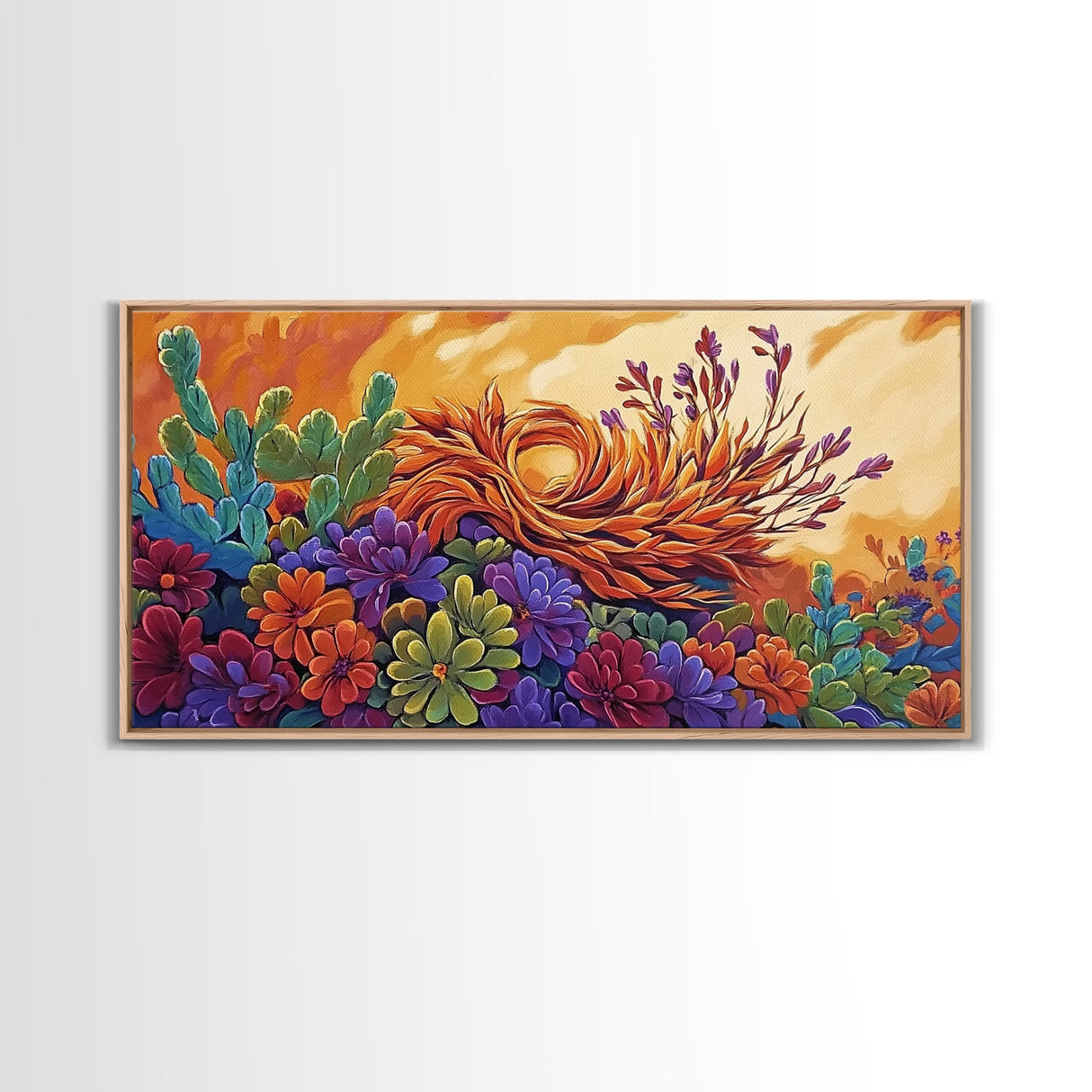 Succulent, Desert, Bloom, Sunset, Framed Canvas Print, Cactus boho art, colorful desert wall decor, Southwestern kitchen wall art