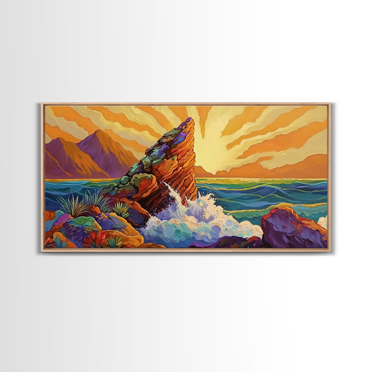 Sunrise, Waves, Rocks, Ocean, Canvas Print, Sunrise coastal print, ocean splash wall art, spiritual sunburst decor, beach home accent
