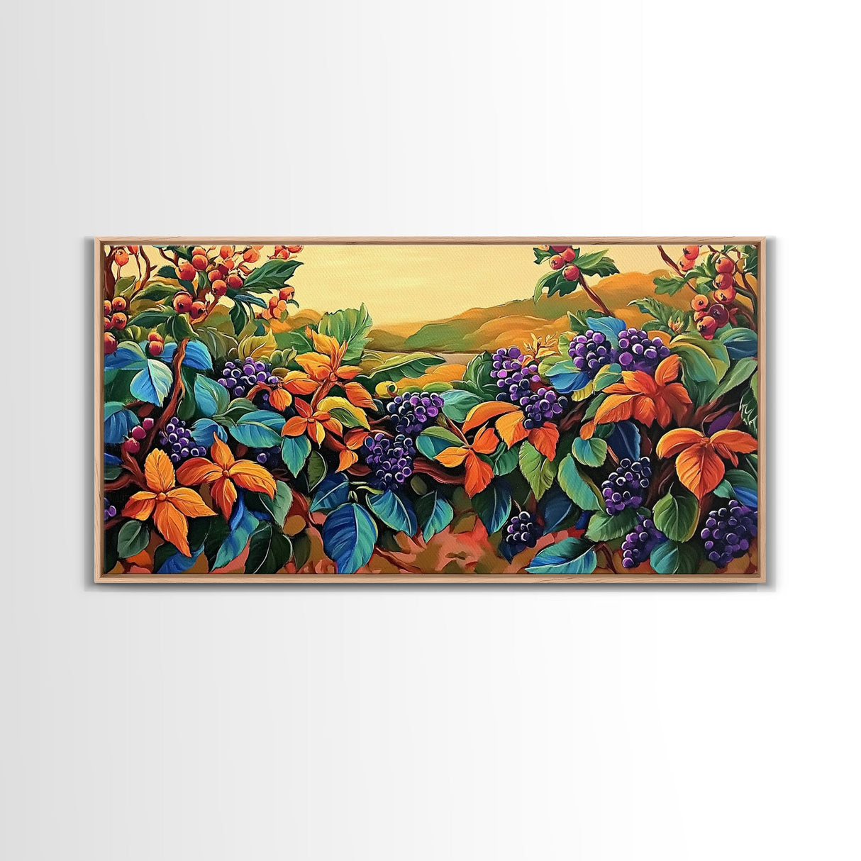Grapes Harvest, Vineyard, Autumn, Framed Canvas Print vibrant fall kitchen wall art, farmhouse harvest decor, vineyard fruit painting