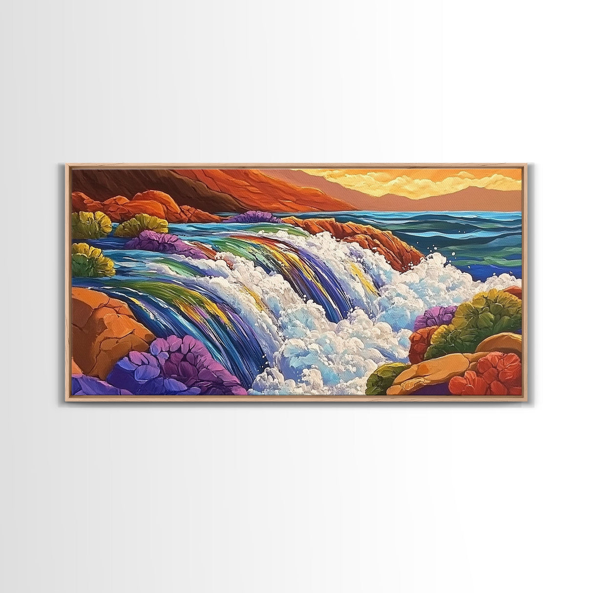 Waterfall Rainbow, Canyon, Bold, Framed Canvas Print vibrant nature bathroom decor, boho rainbow mountain wall art, fantasy print
